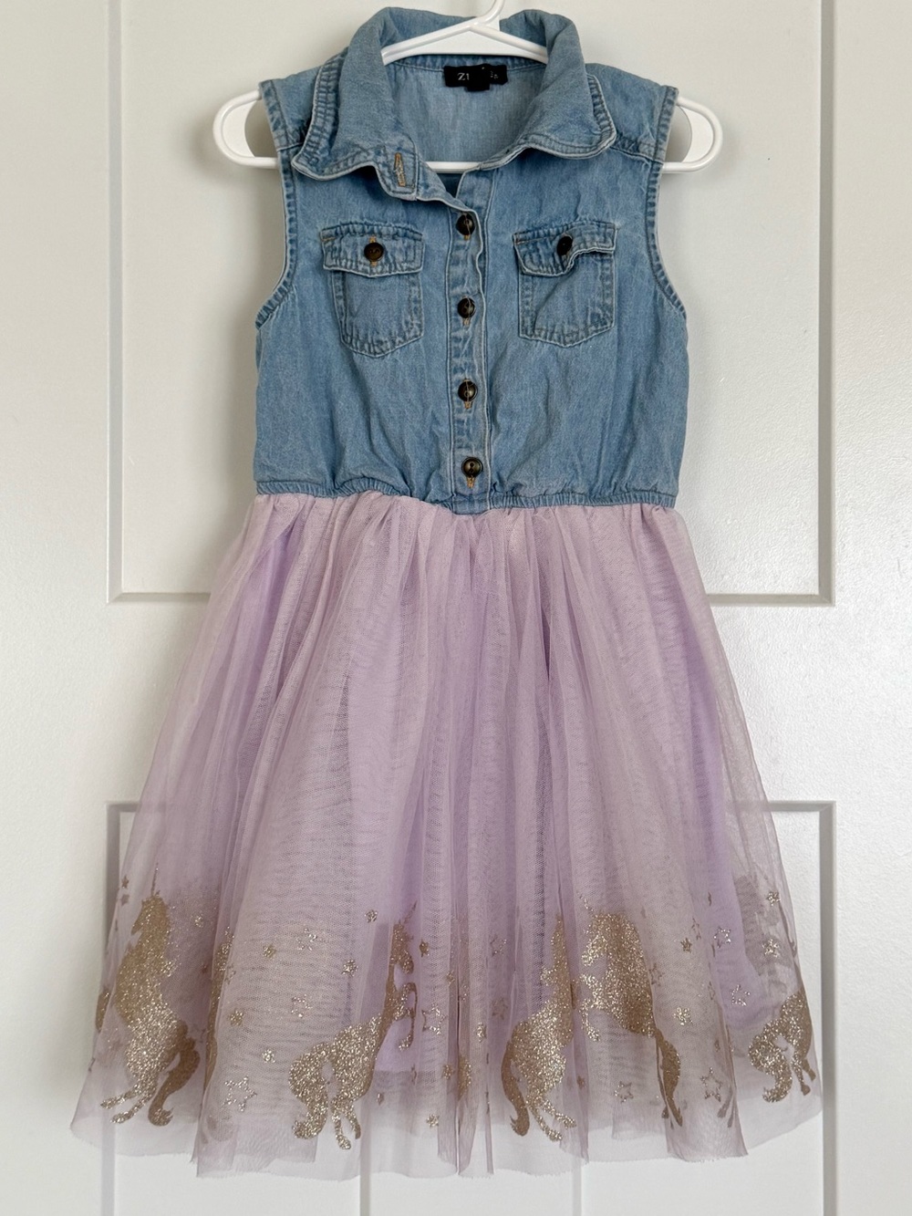 Zunie Girls Size 6 Denim & Lavender Unicorn Tulle Dress